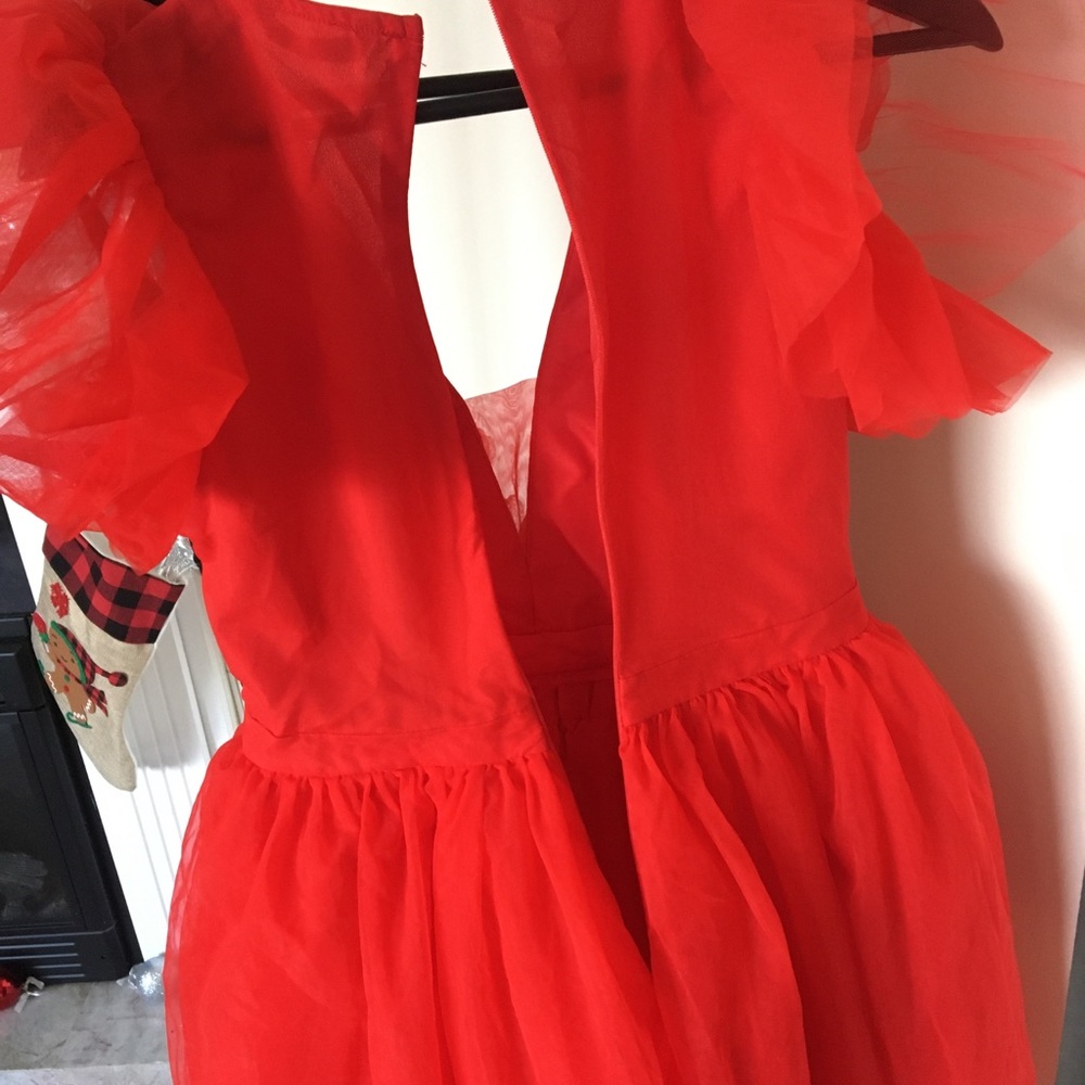 Red Ruffle Trim Mesh Dress - Picture 2 of 8